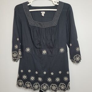 Venezia Black Tan Embroidered Blouse Cotton 22/24 NWOT